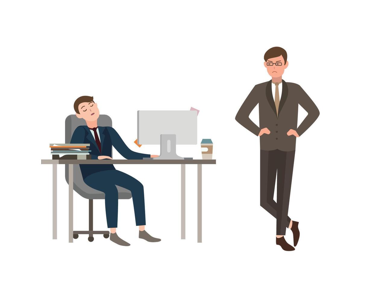 Office worker dressed in business suit sits at desk with computer and sleeps, his boss angrily looks at him. Concept of fatigue at work. Cartoon vector illustration