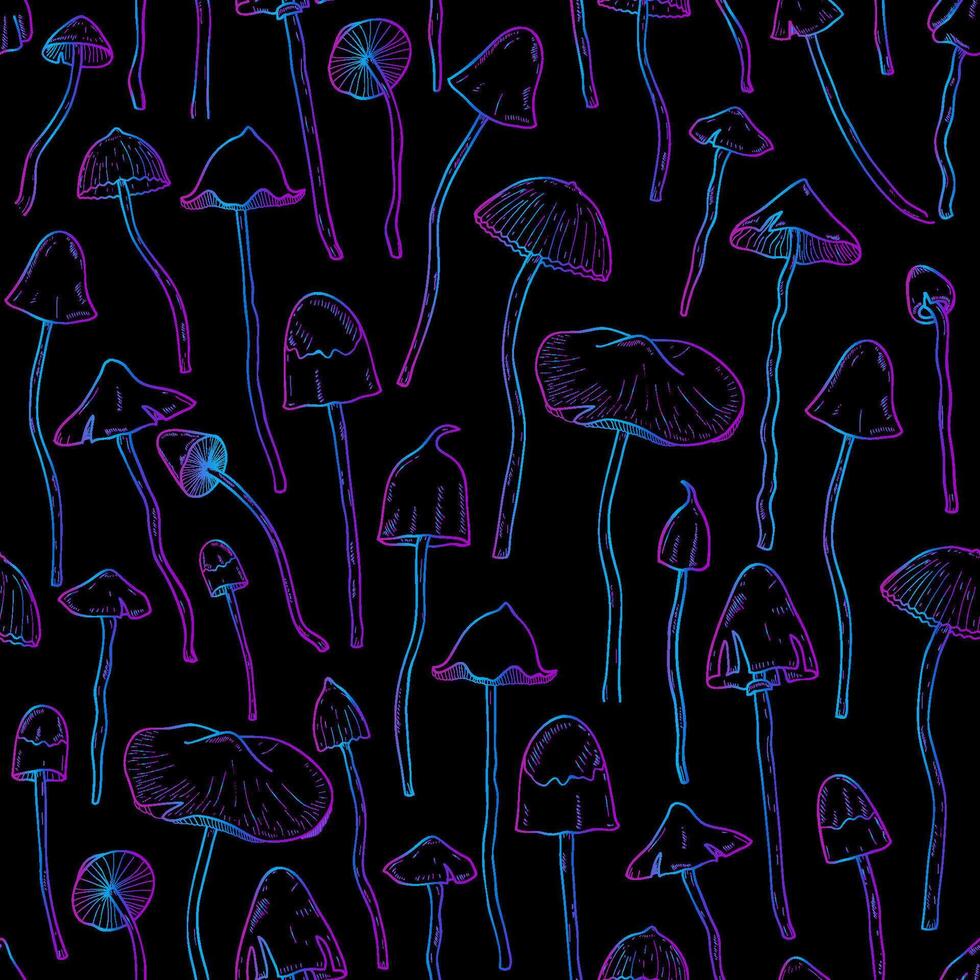 Psychedelic seamless pattern with Psilocybin or hallucinogenic mushrooms hand drawn with colorful lines on black background. Modern vector illustration for fabric print, wallpaper, wrapping paper.