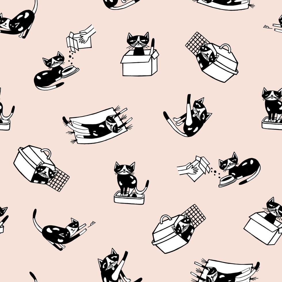 Trendy seamless pattern with comic kitten and its everyday activities against light pink background. Funny cartoon cat hand drawn in doodle style. Vector illustration for fabric print, wallpaper.