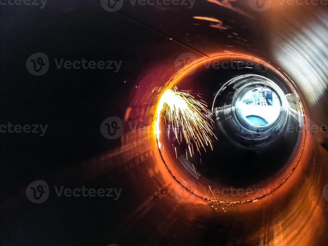 Welding seam on the pipeline. Technology of welding connections photo