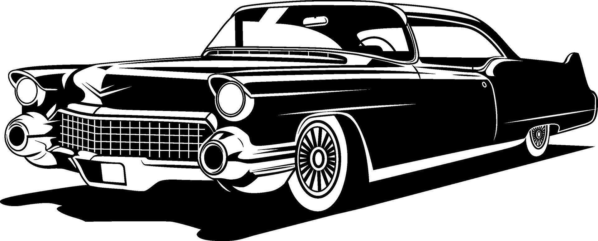 A black and white drawing of a vintage classic car in monochrome style vector