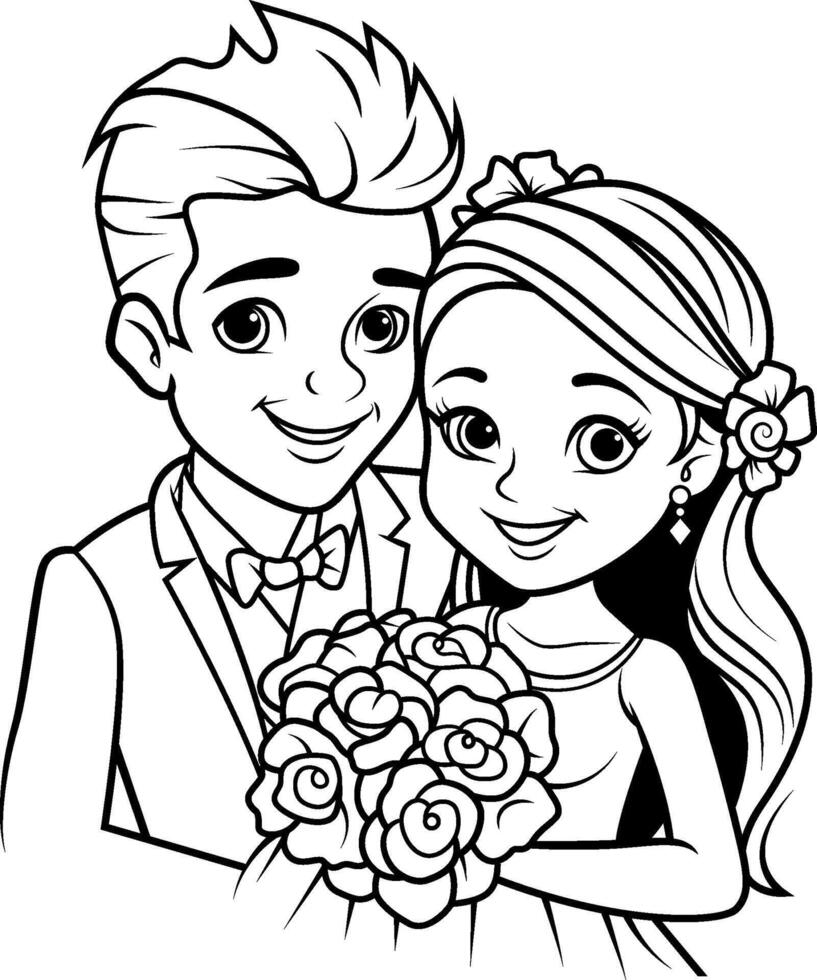 Wedding couple outline drawing vector