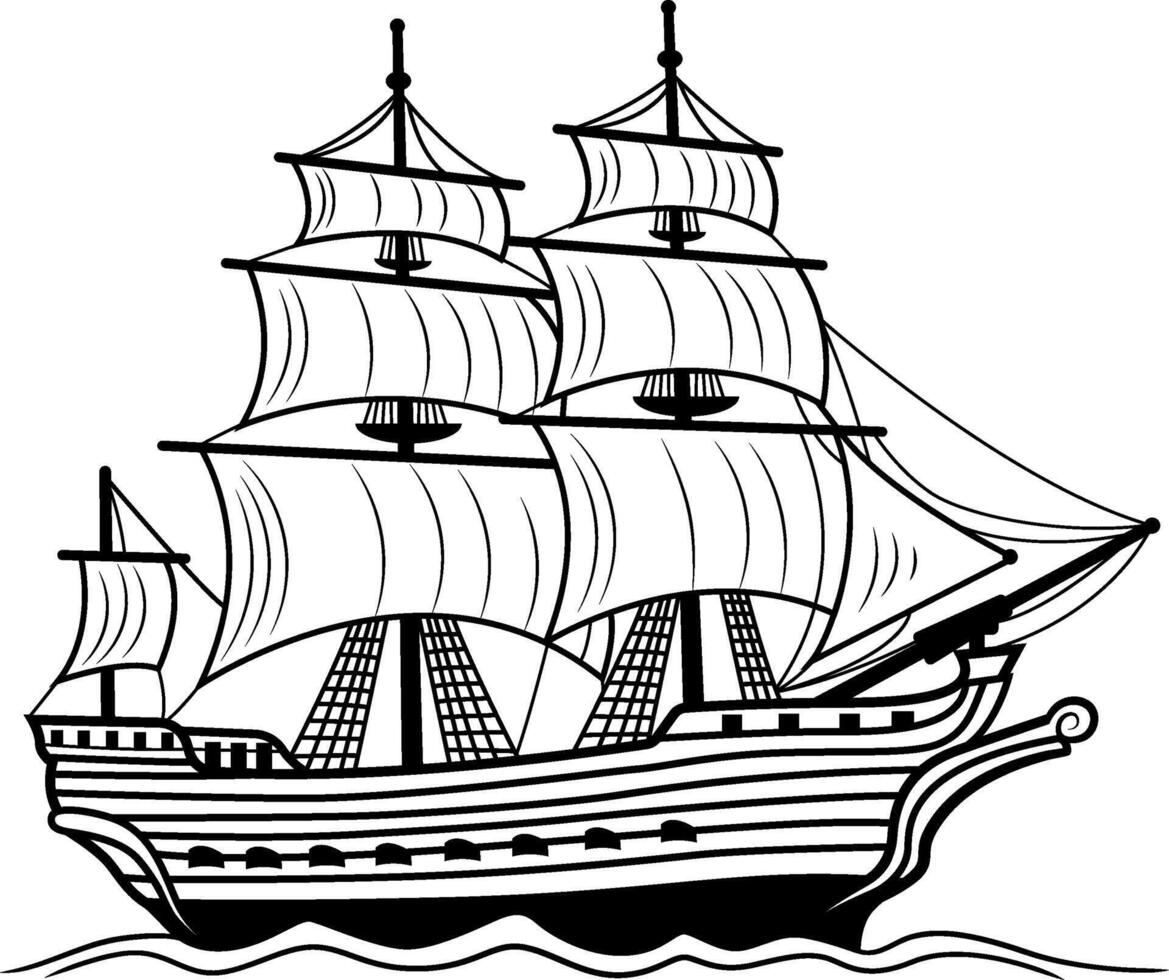 A black and white drawing of a vintage sailing ship vector