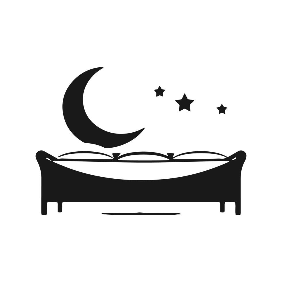 un logo de cama icono vector cama hora negro silueta con almohada y Luna con estrellas diseño modelo