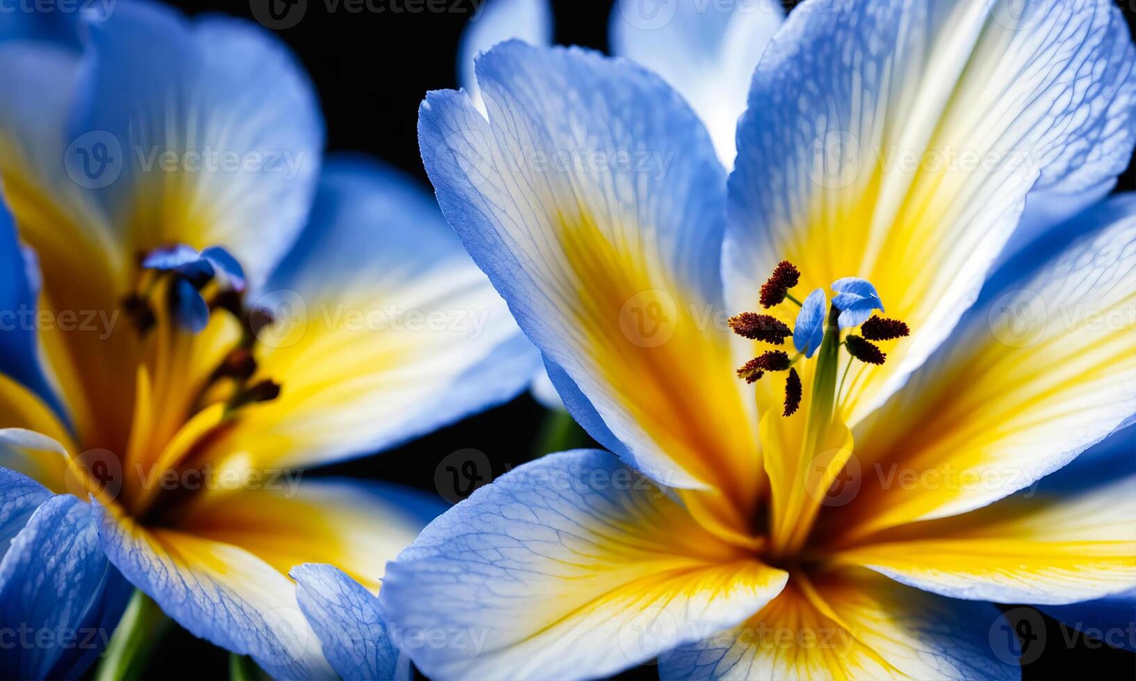 AI generated Yellow-blue flowers close-up. photo