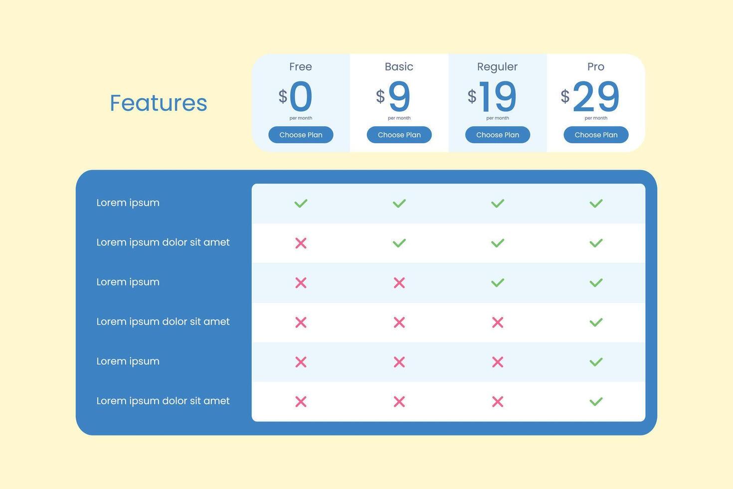 Pricing list table infographic design template vector