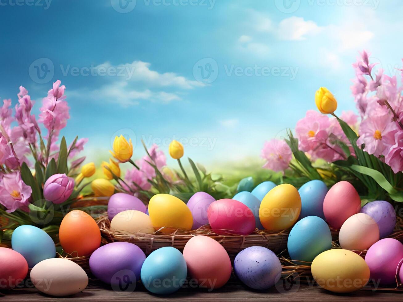 AI generated Easter eggs in bright colors lie in a rustic basket on a wooden table against a backdrop of sky and nature. photo