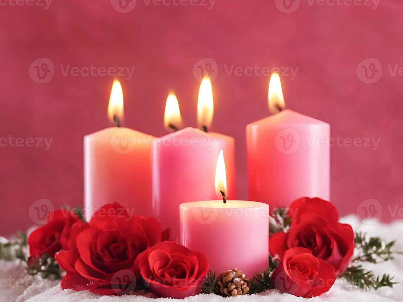 AI generated Beautiful candles with rose petals and hearts on white towel, closeup photo