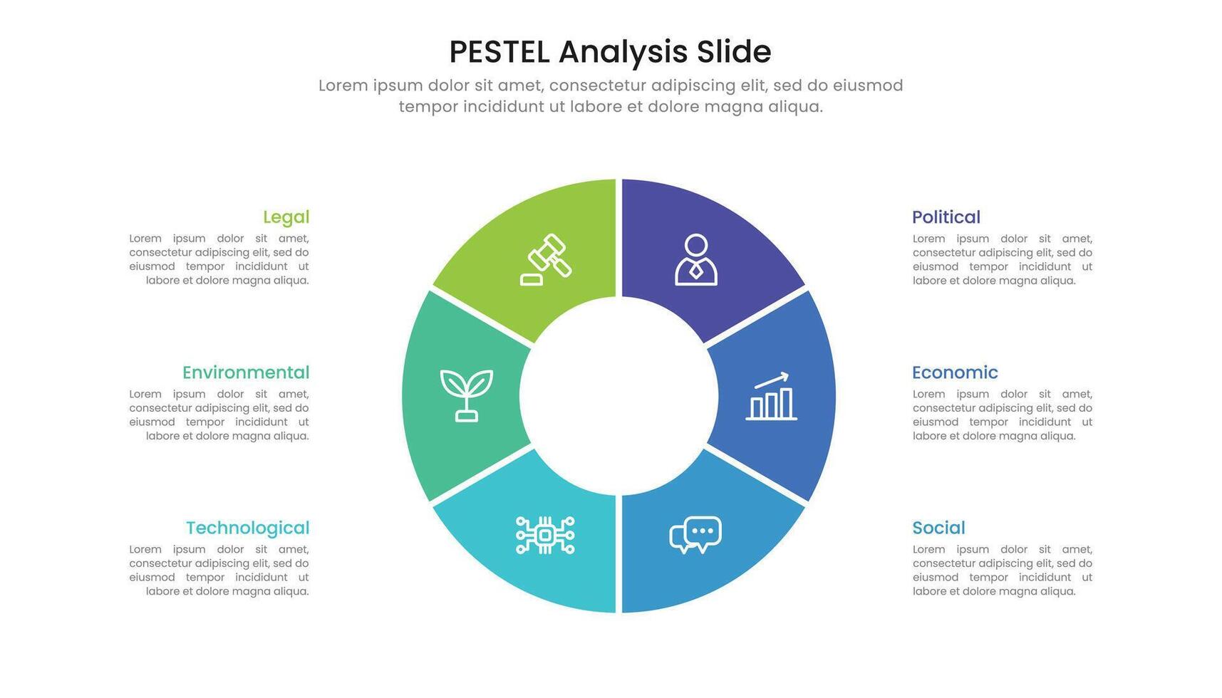 Circular PESTEL analysis slide infographic with icons vector