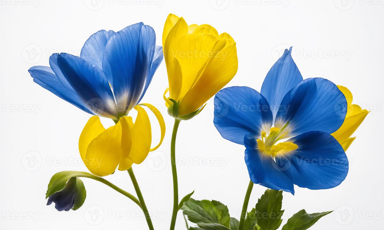 Blue and yellow flowers on a white background, closeup photo