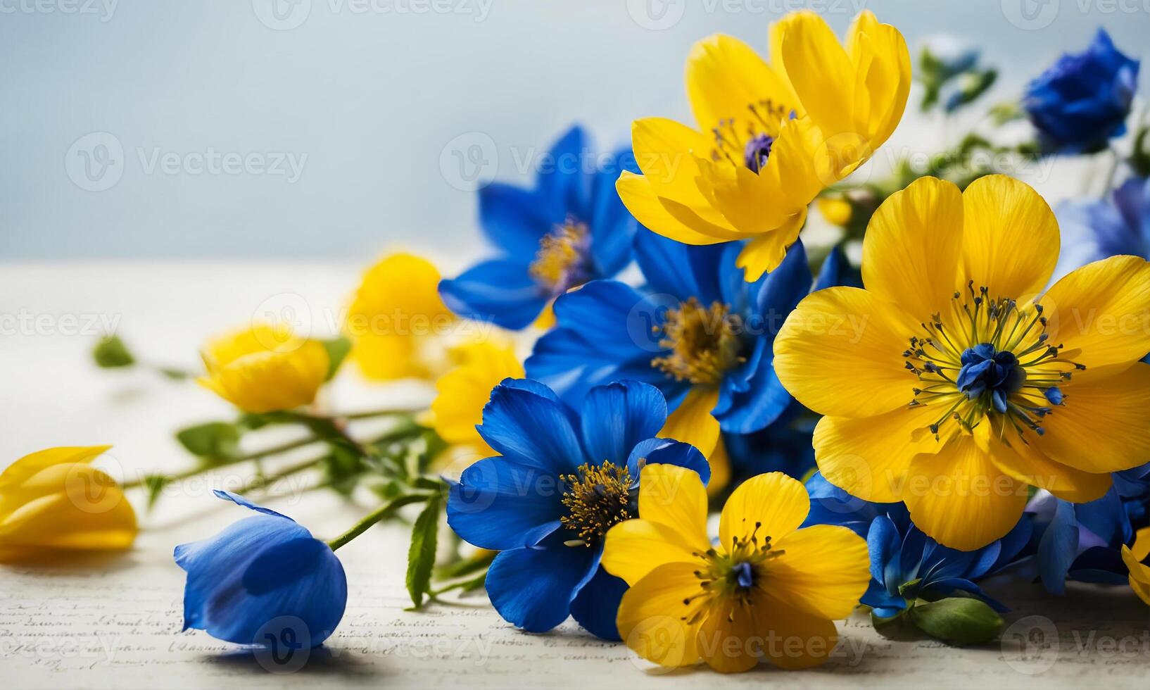 Bouquet of blue and yellow flowers on a light background photo