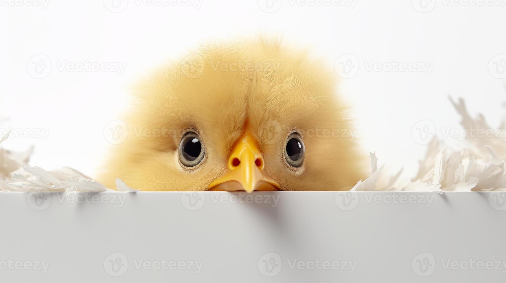 AI generated Animal rights concept A cute yellow chick peeking over the edge of a box surrounded by white paper. photo