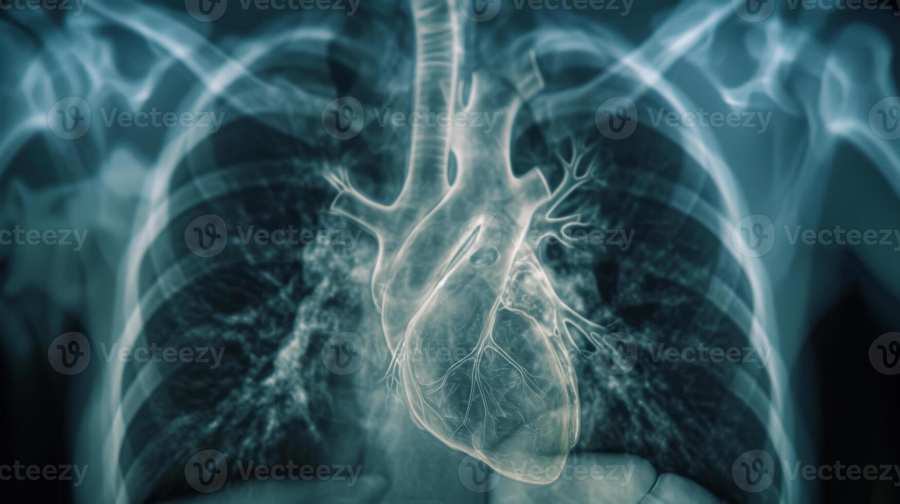 AI generated X-ray of the heart after cardiac transplantation with donor-recipient integration. photo