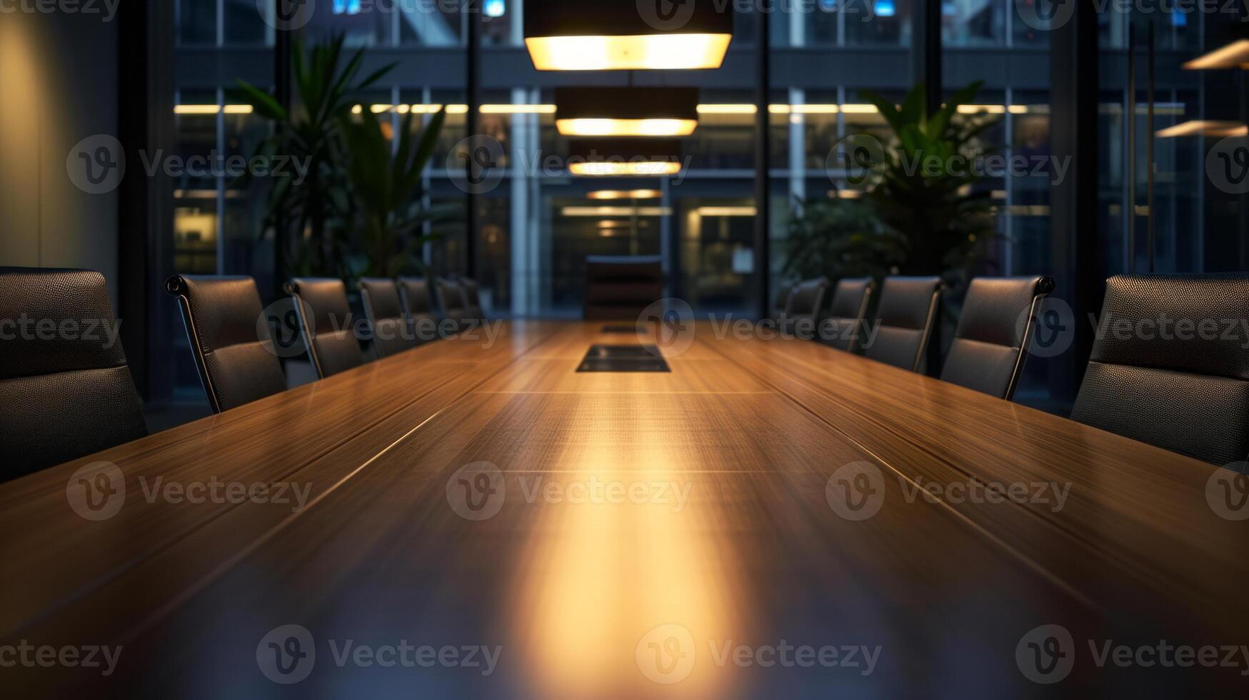 AI generated A modern conference room with a long table, chairs, lights, and glass walls. photo