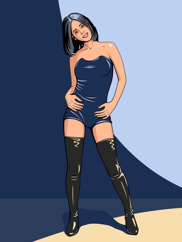 Young club dancer woman in leather clothes posing. Color vector illustration.