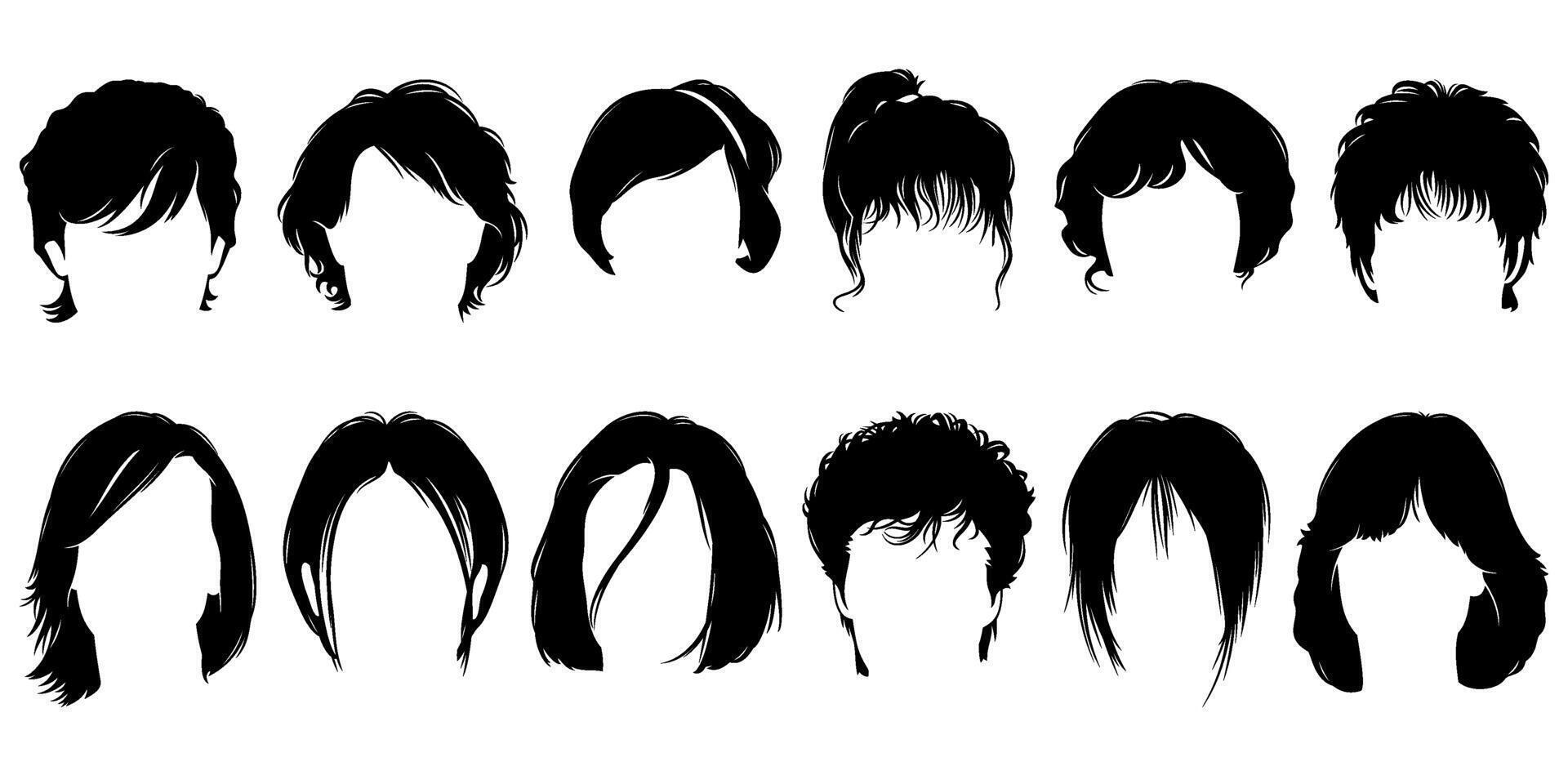 Woman Hair Silhouettes. Short Hairstyles. Vector cliparts isolated on white.