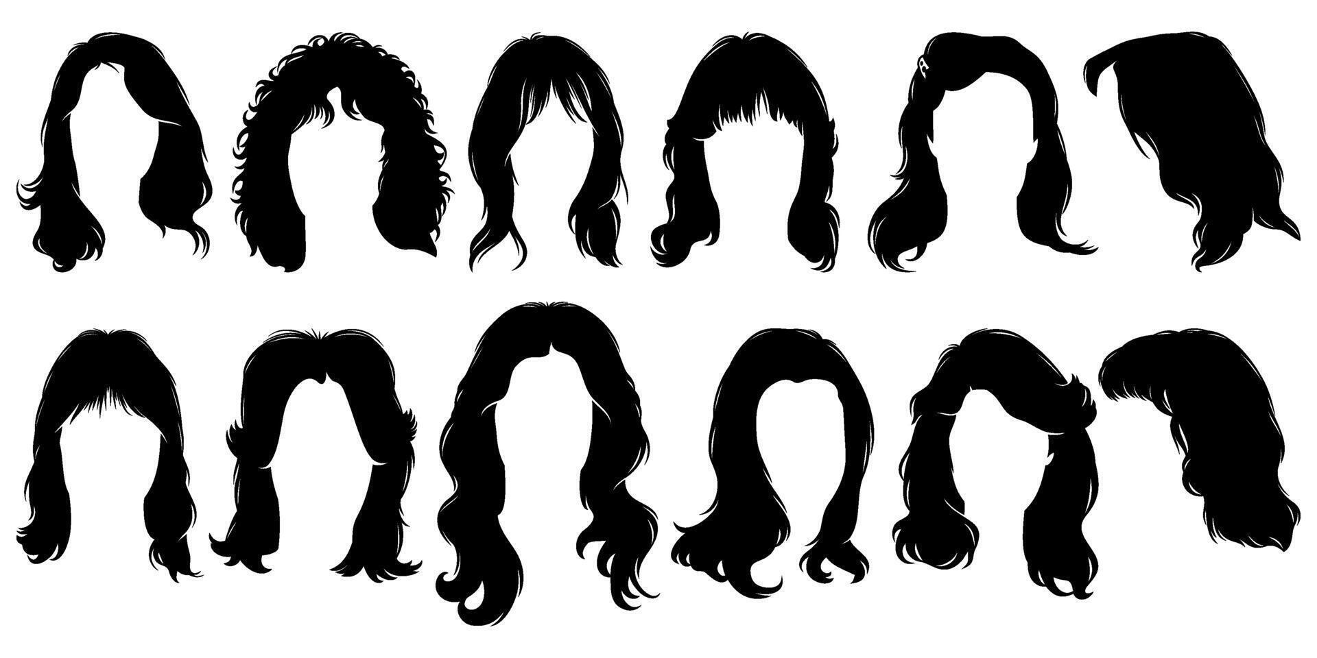 mujer pelo siluetas largo peinados vector clipart aislado en blanco.