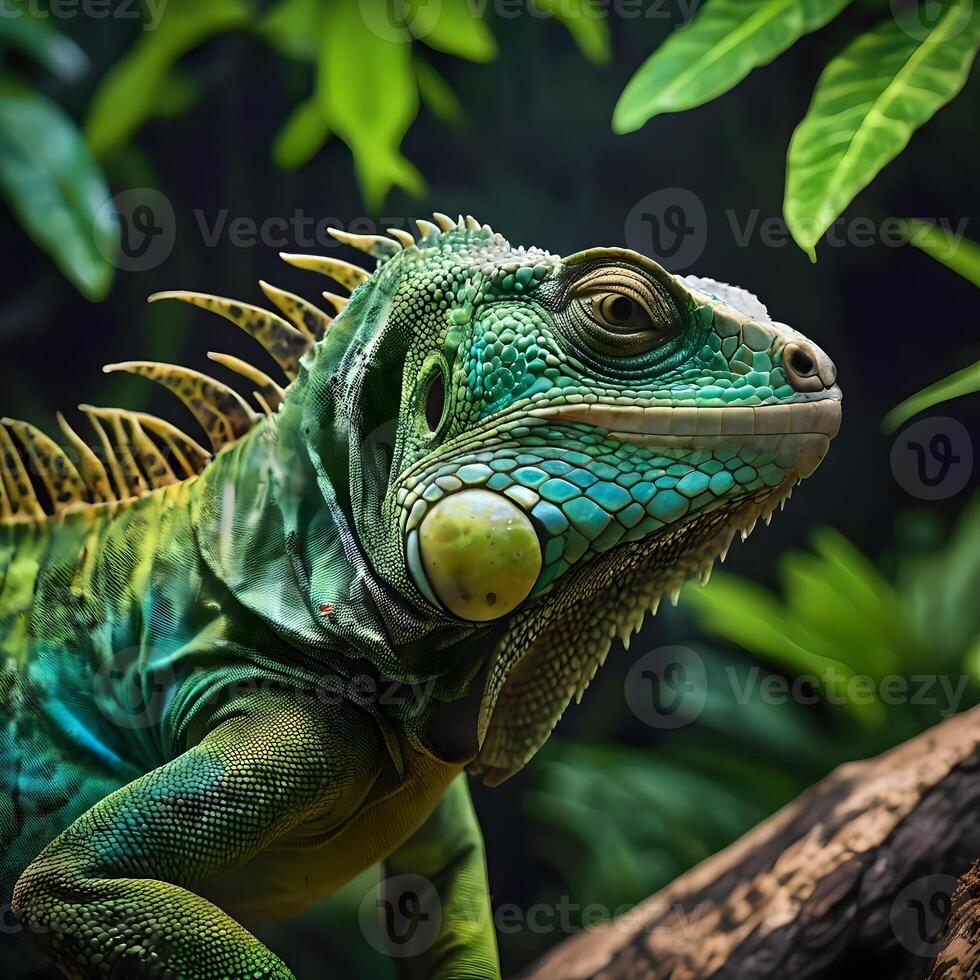 AI generated green iguanas in the tropical jungle photo