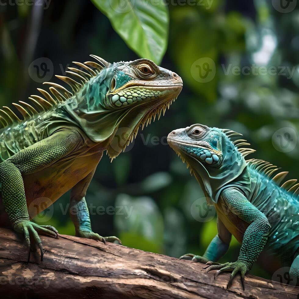 AI generated green iguanas in the tropical jungle. photo