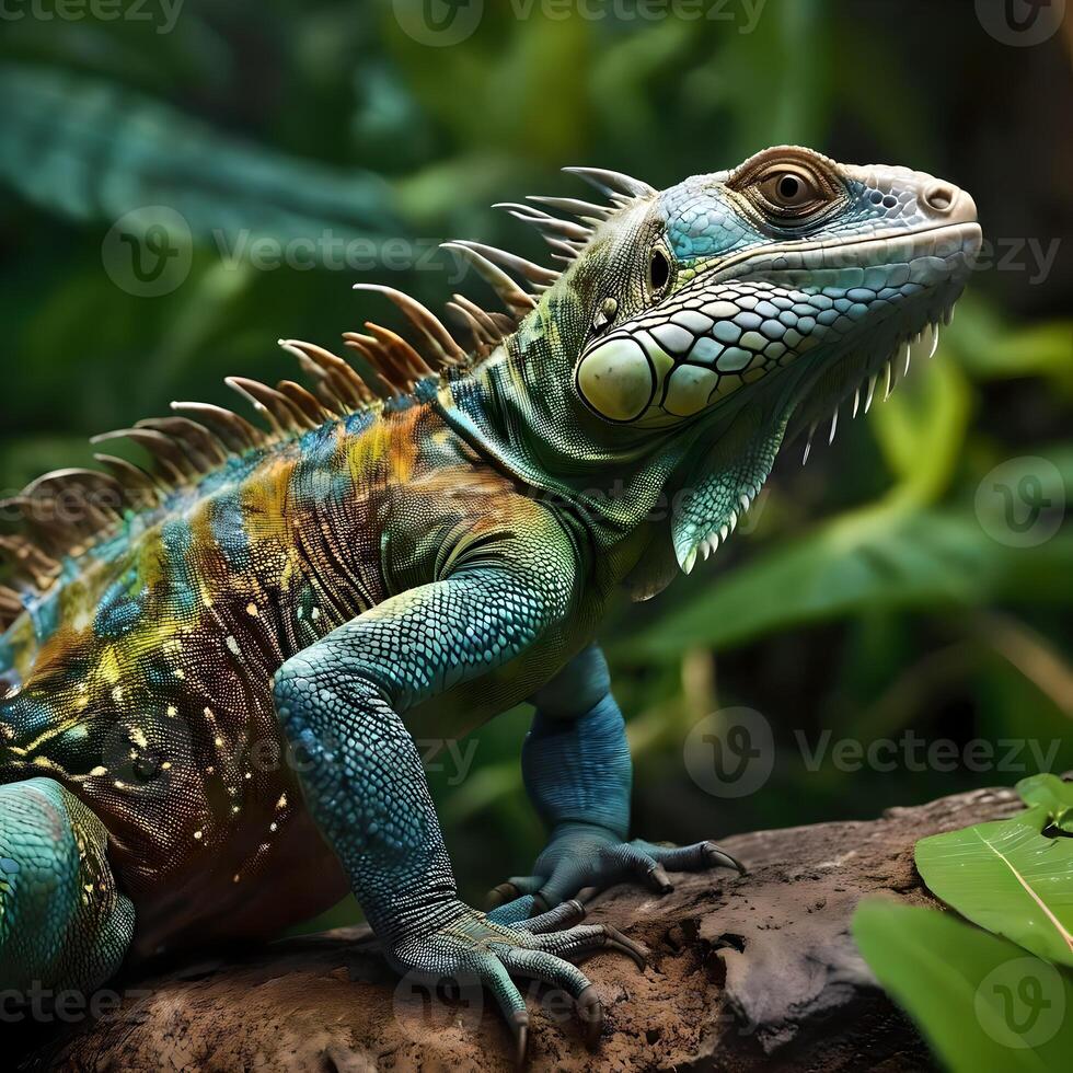 AI generated green iguanas in the tropical jungle. photo