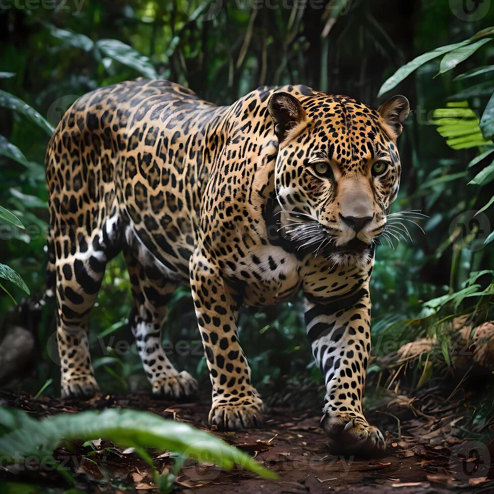 AI generated Jaguars inhabit jungles in Mexico, Central and South American. The jaguar is a large feline species native to the Americas.  Iit is the third-largest big cat in the world. photo
