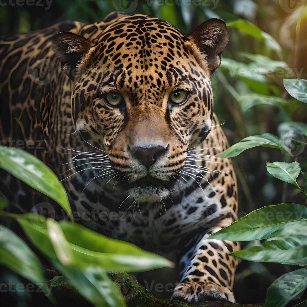 AI generated Jaguars inhabit jungles in Mexico, Central and South American. The jaguar is a large feline species native to the Americas.  Iit is the third-largest big cat in the world. photo