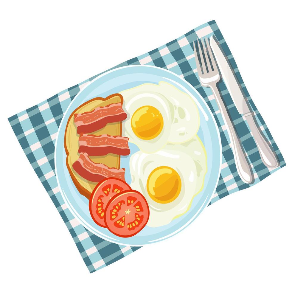 Vector illustration, flat style. English breakfast. Scrambled eggs with toast