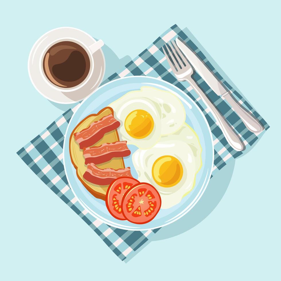 Vector illustration, flat style. English breakfast. Scrambled eggs with toast and hot drink