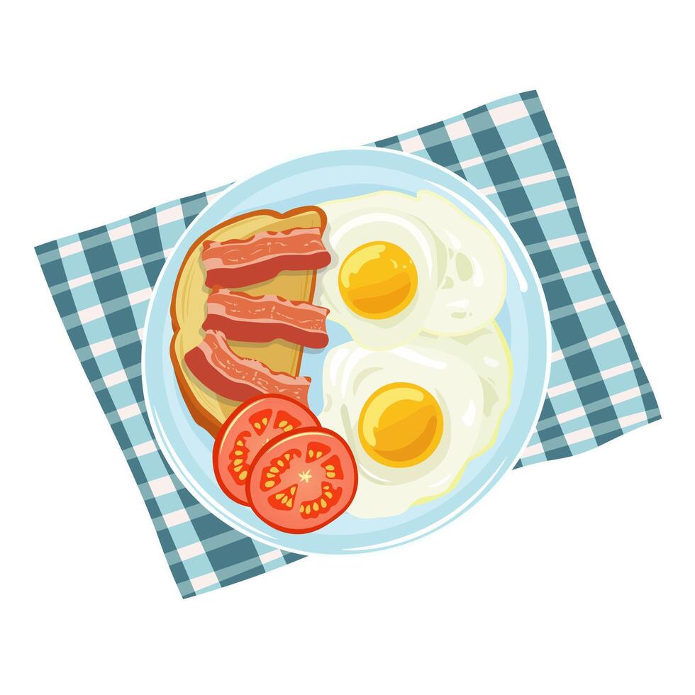 Vector illustration, flat style. English breakfast. Scrambled eggs with toast