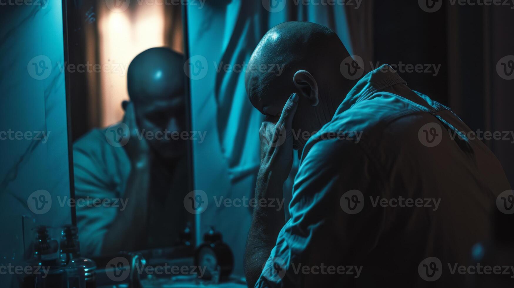 AI generated distress bald man sitting in front of a mirror facing mental illness, alzheimer, dementia, depression, grief photo