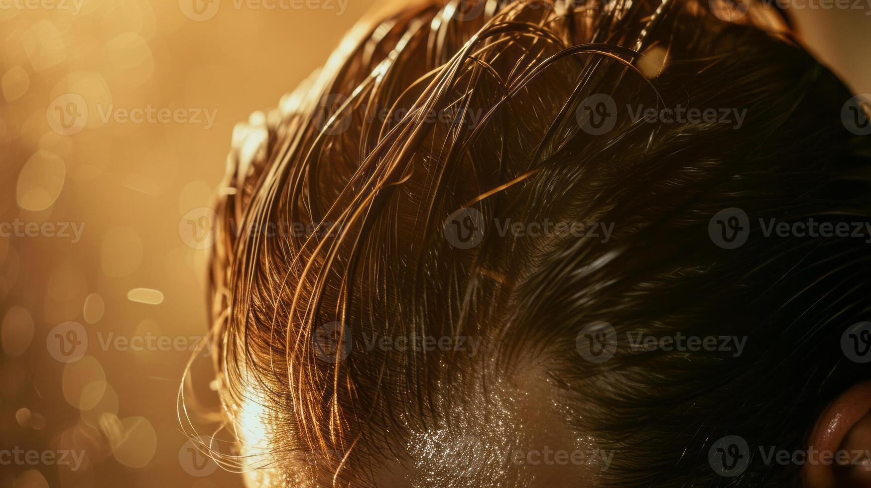 AI generated A close-up of wet glistening hair men hair loss with warm light photo