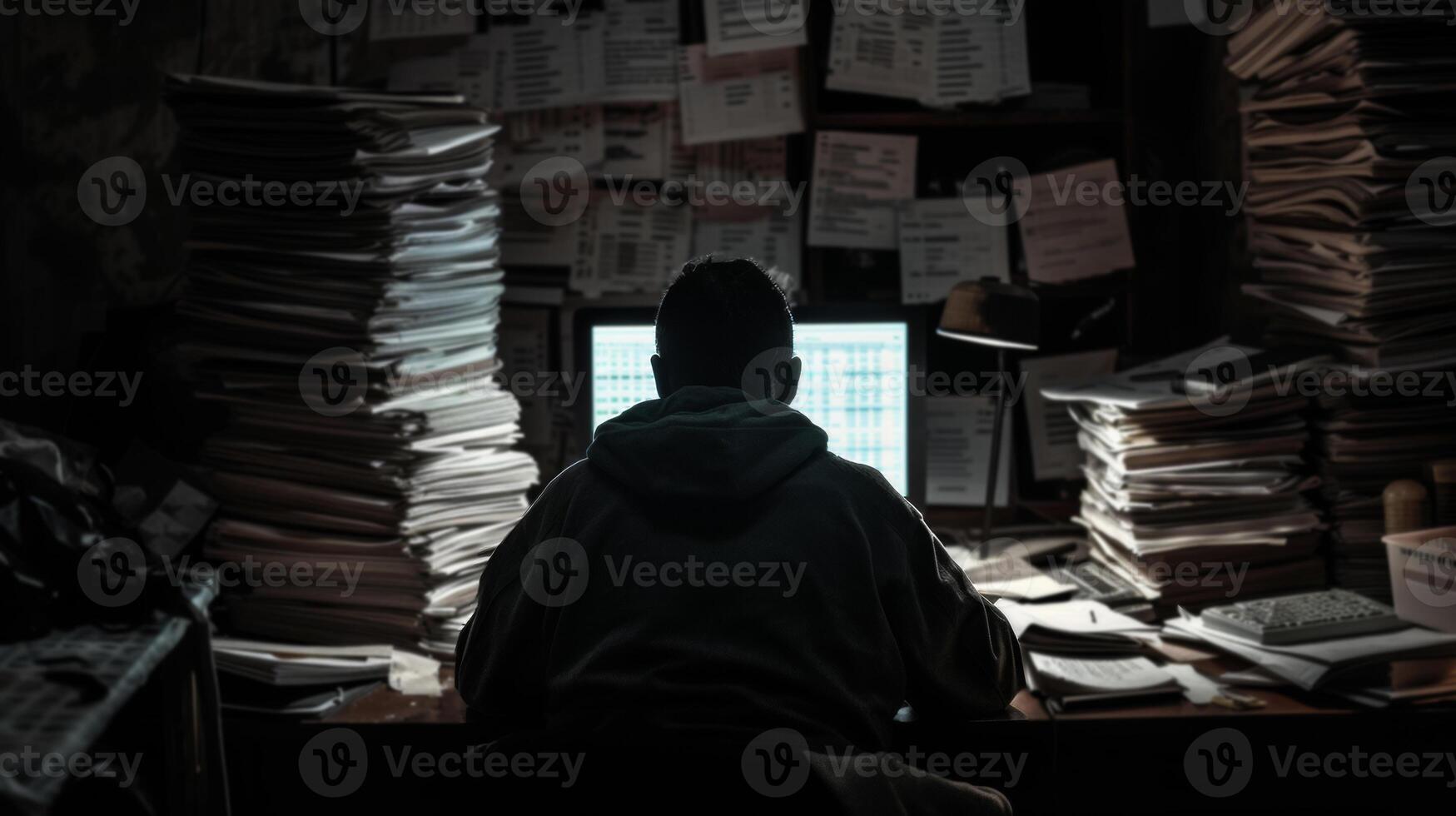 AI generated a man working on tax paperwork in a dark room with stacks of overdue bills photo