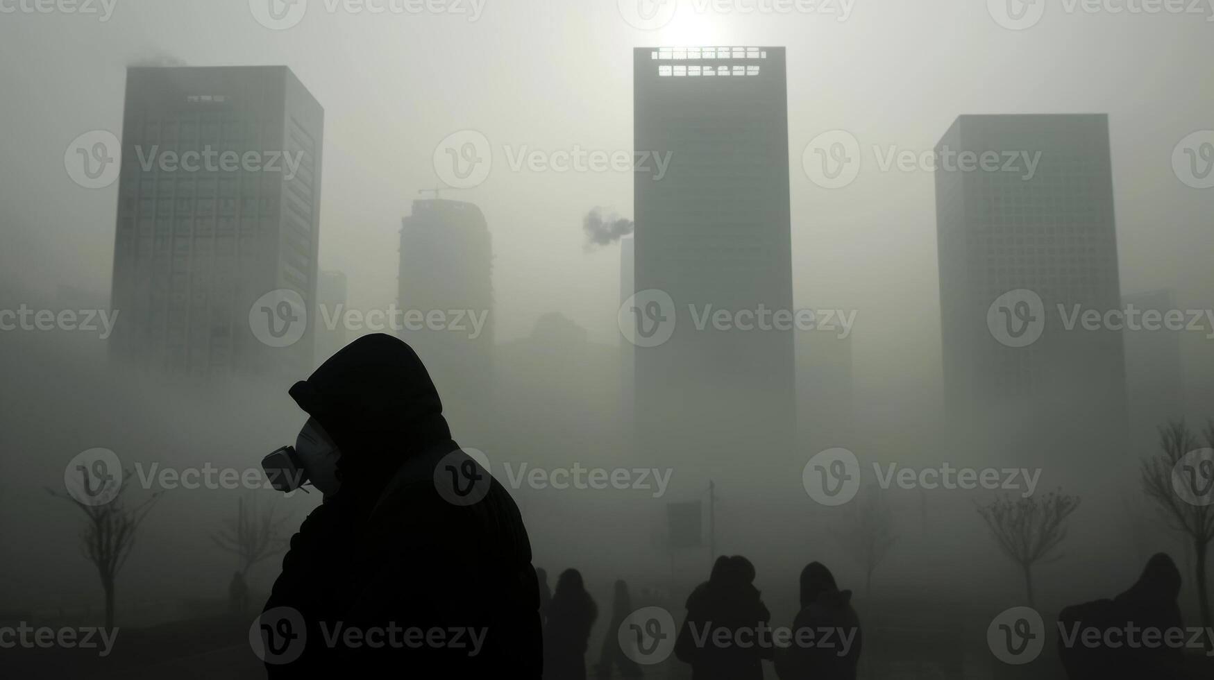 AI generated Global Warming a city skyline skyscrapers with heavy fog pollution people wearing mask photo