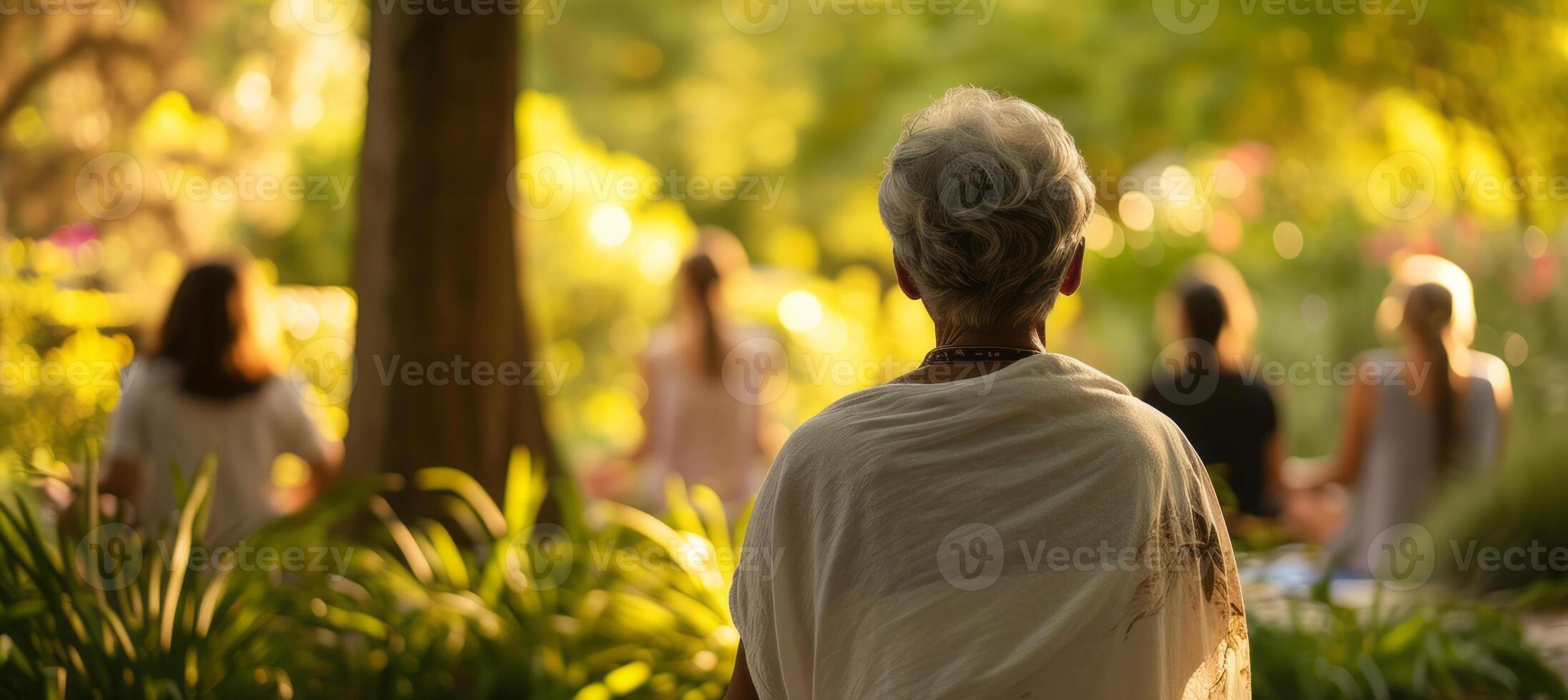 AI generated life long learning elderly meditation garden with a group of student photo