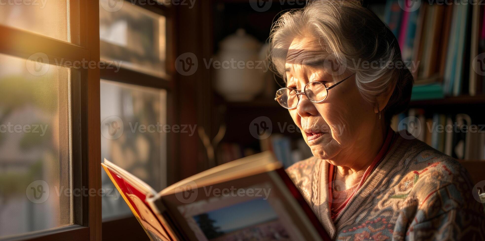 AI generated Aging Society old woman looking at a photo album near a window