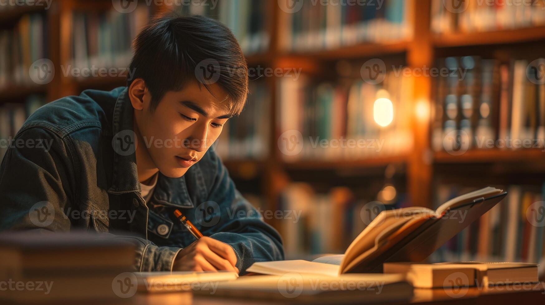 AI generated young man student studying in a library corner reading book self improvement photo