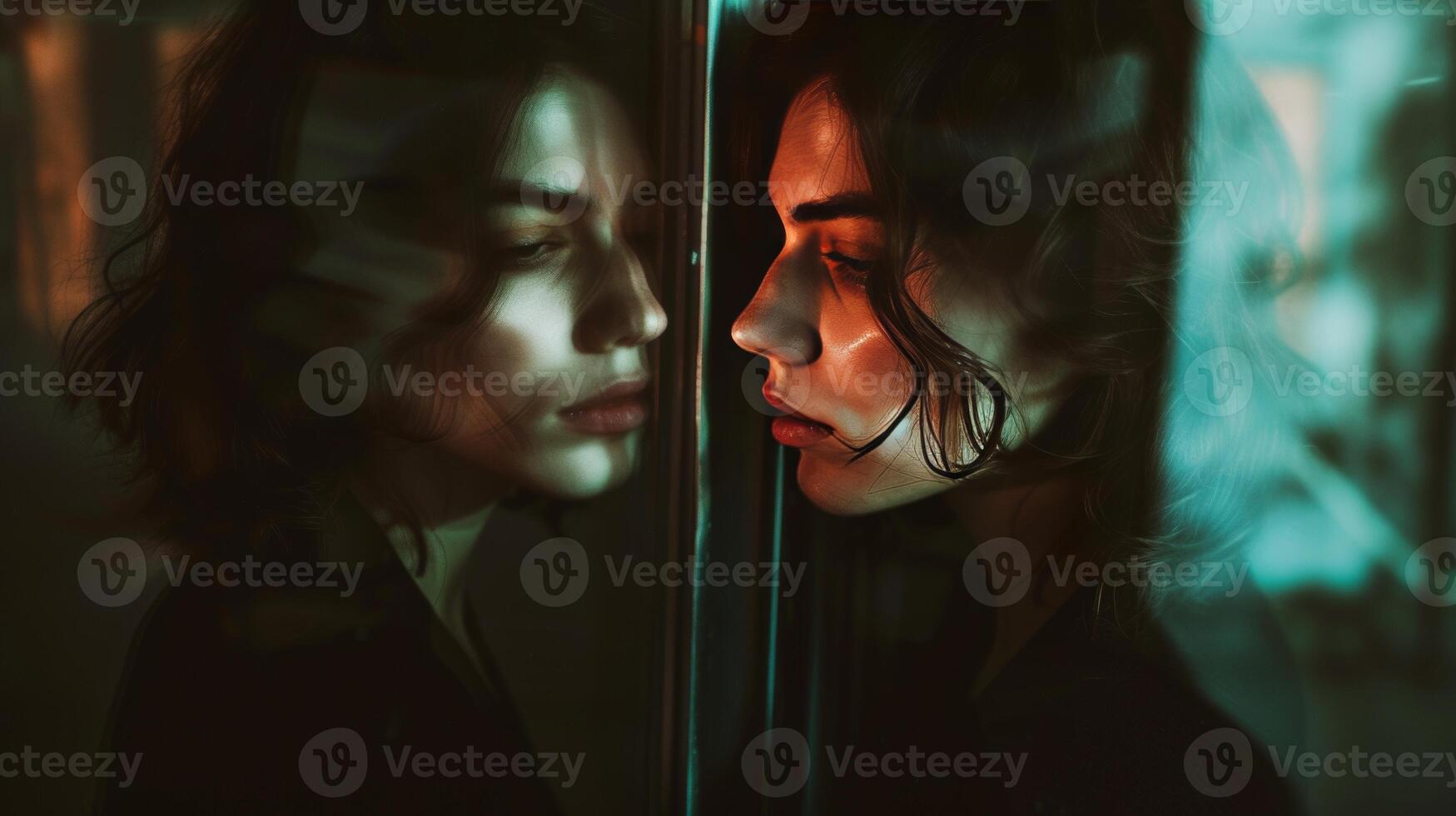 AI generated mental illness woman standing in front of a mirror with reflection identity crisis photo