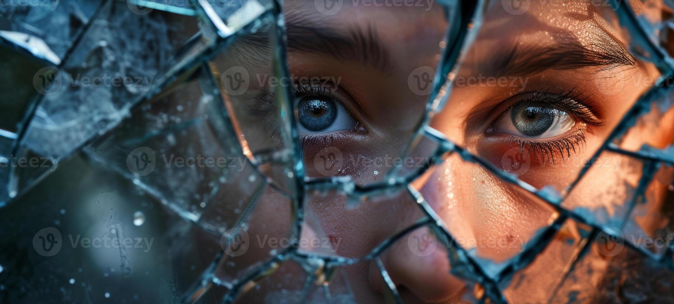 AI generated close up of psycho man face with broken mirror and sunlight mental illness photo