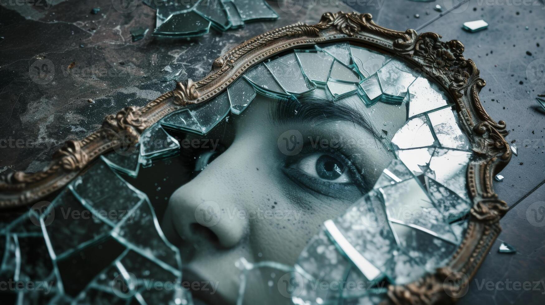 AI generated a shatter mirror on the floor reflecting face of psycho woman mental problems photo
