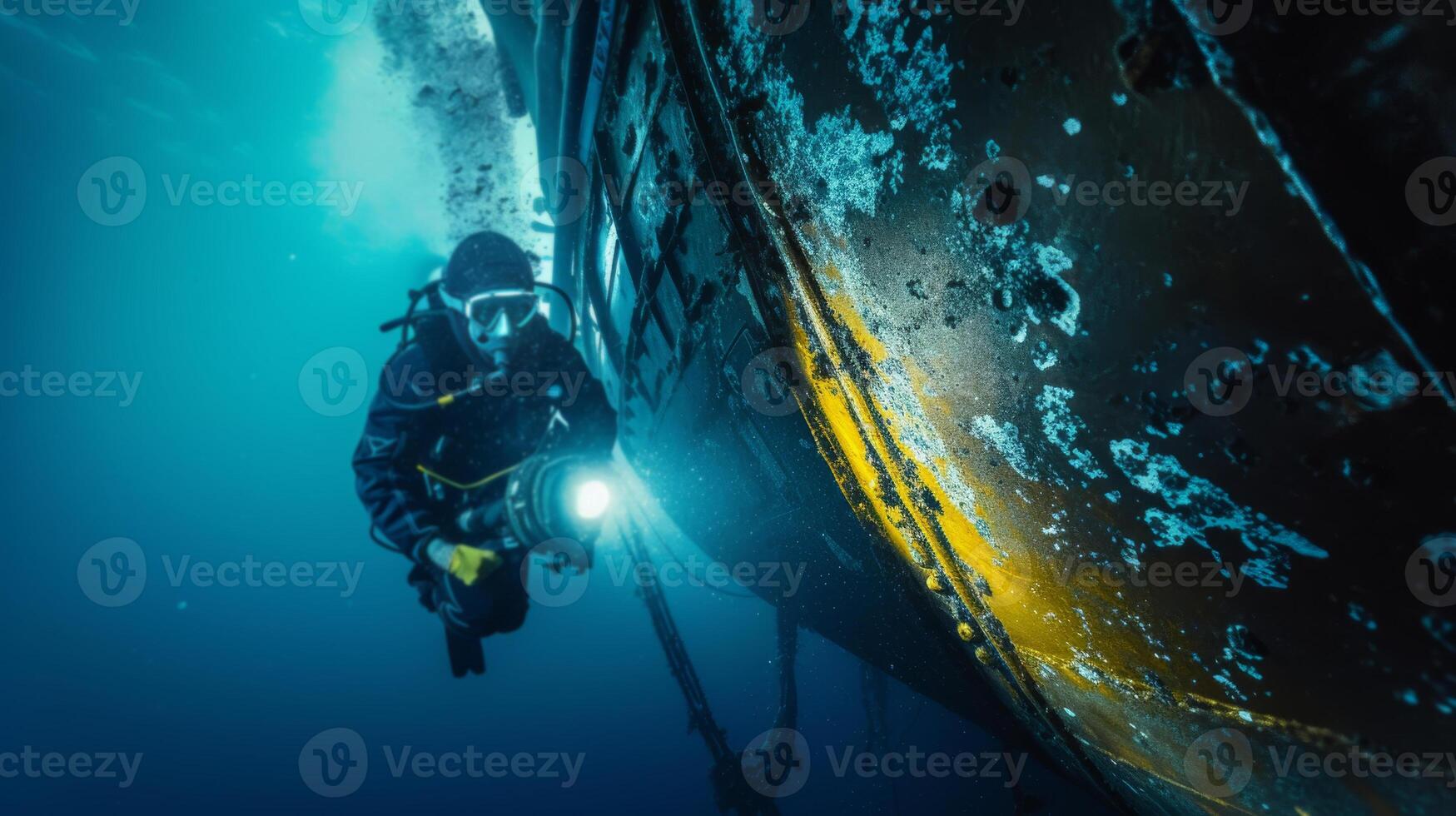 AI generated Marine Engineer Operating ROVs for Underwater Inspection of Ship Hull with Cameras and Sensors. photo