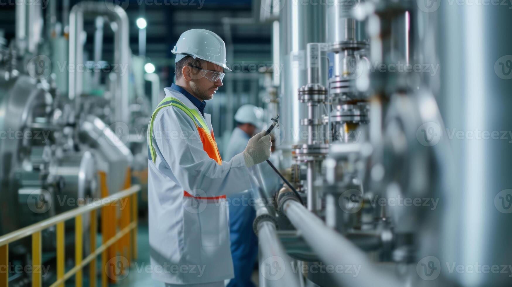 ai generado químico ingenieros mejorando producción procesos en un químico planta con trabajadores y equipo. foto