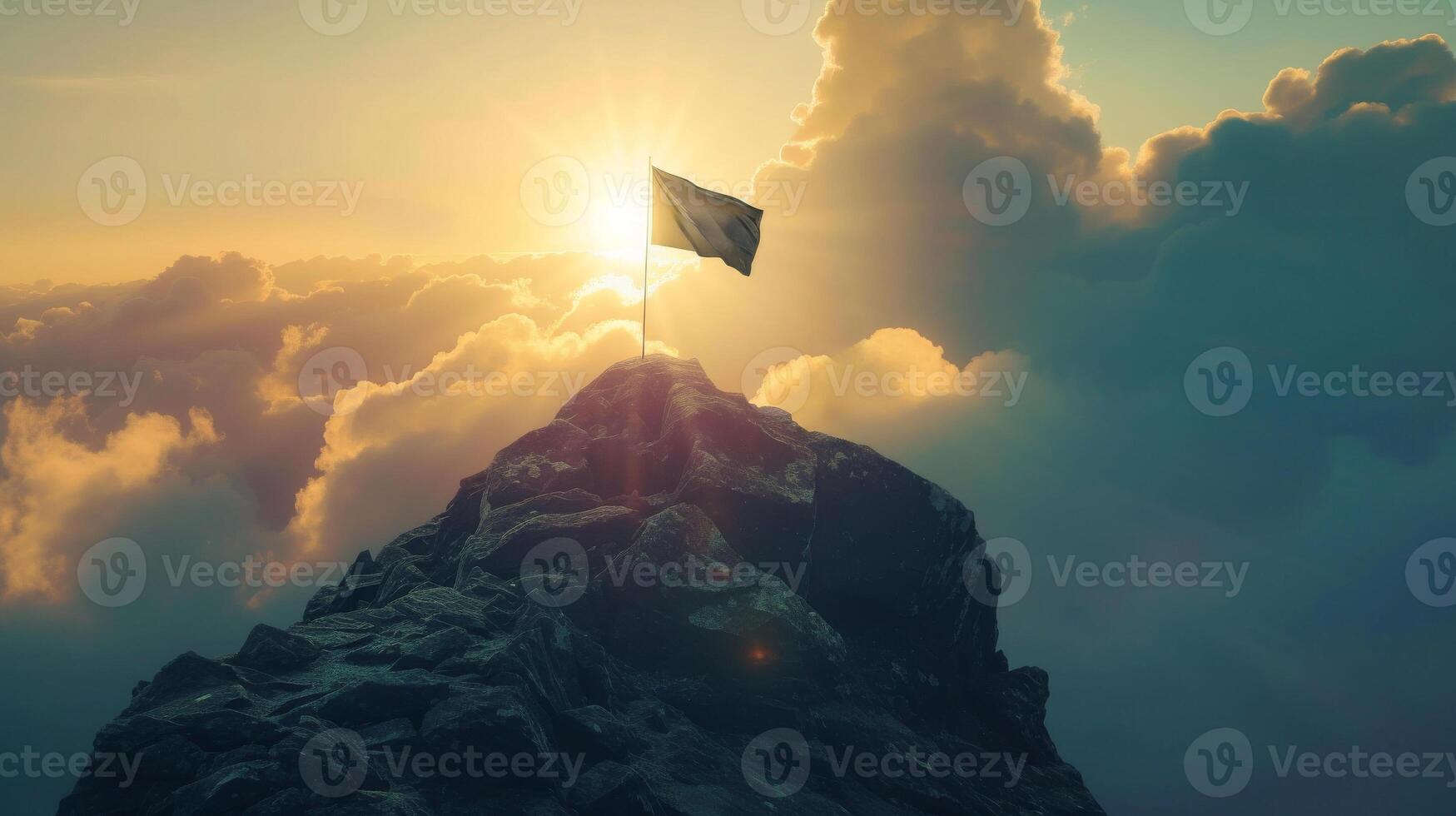 AI generated Sunrise Glory on the Mountain with Flag mountain peak with clouds photo
