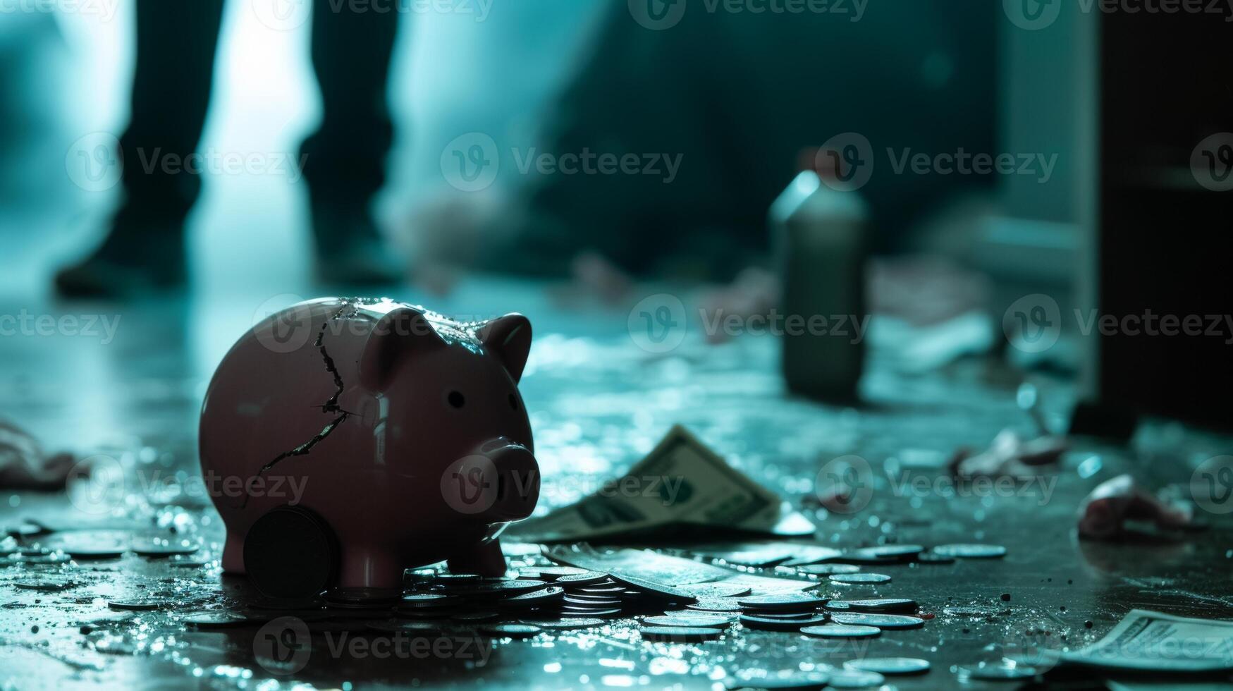 AI generated Exploding Piggy Bank with Bills and Chang man in the background financial loss photo