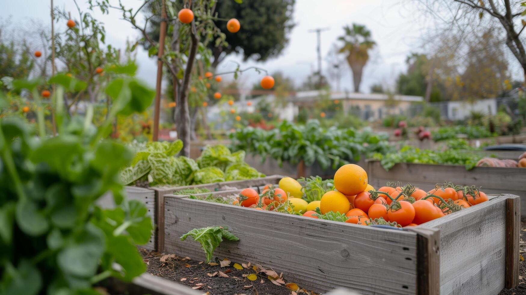 AI generated Global Warming community local food garden with colorful ripe tomatoes photo