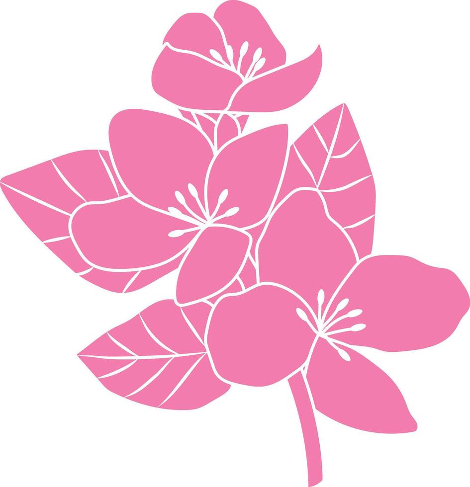 Floral Elements Leaves Flowers Branches. Simple Vector Illustration with Orange Hand Drawn Tropical Flowers and Leaves on a Light Coral Background. Modern Abstract Exotic Garden Design.