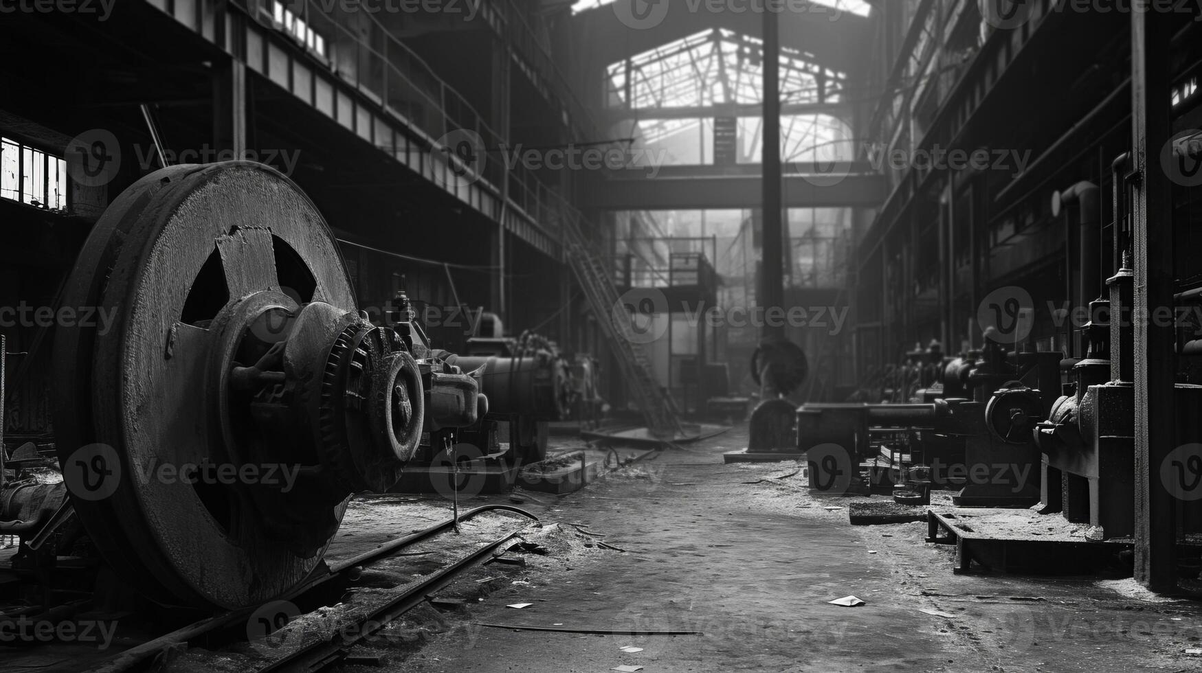 AI generated grayscale abandoned factory with old machinery industrial environment photo