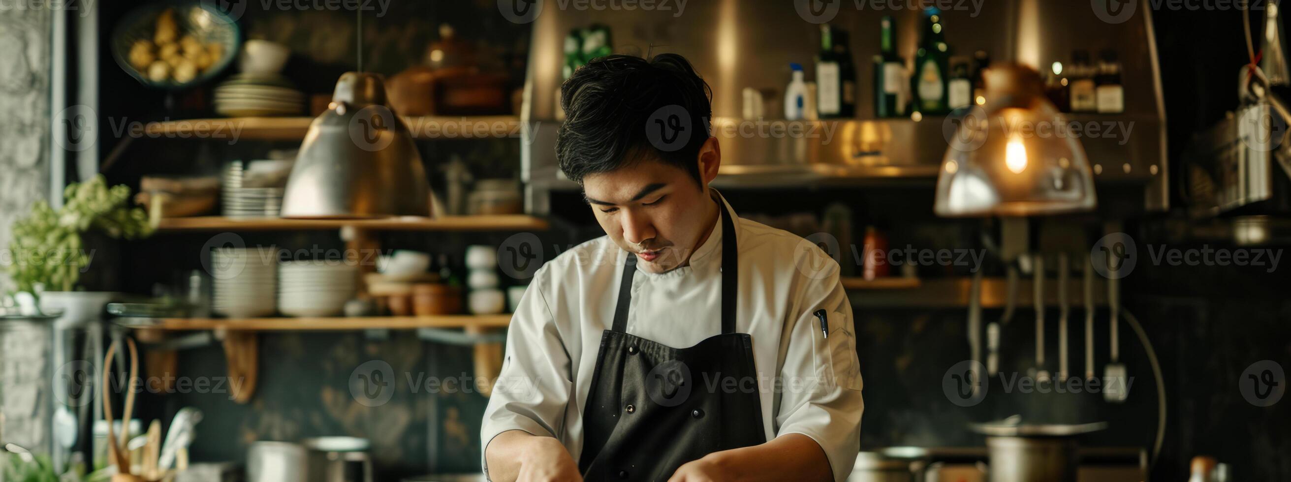 AI generated life long learning chef in a professional kitchen ready to prepare a meal. photo