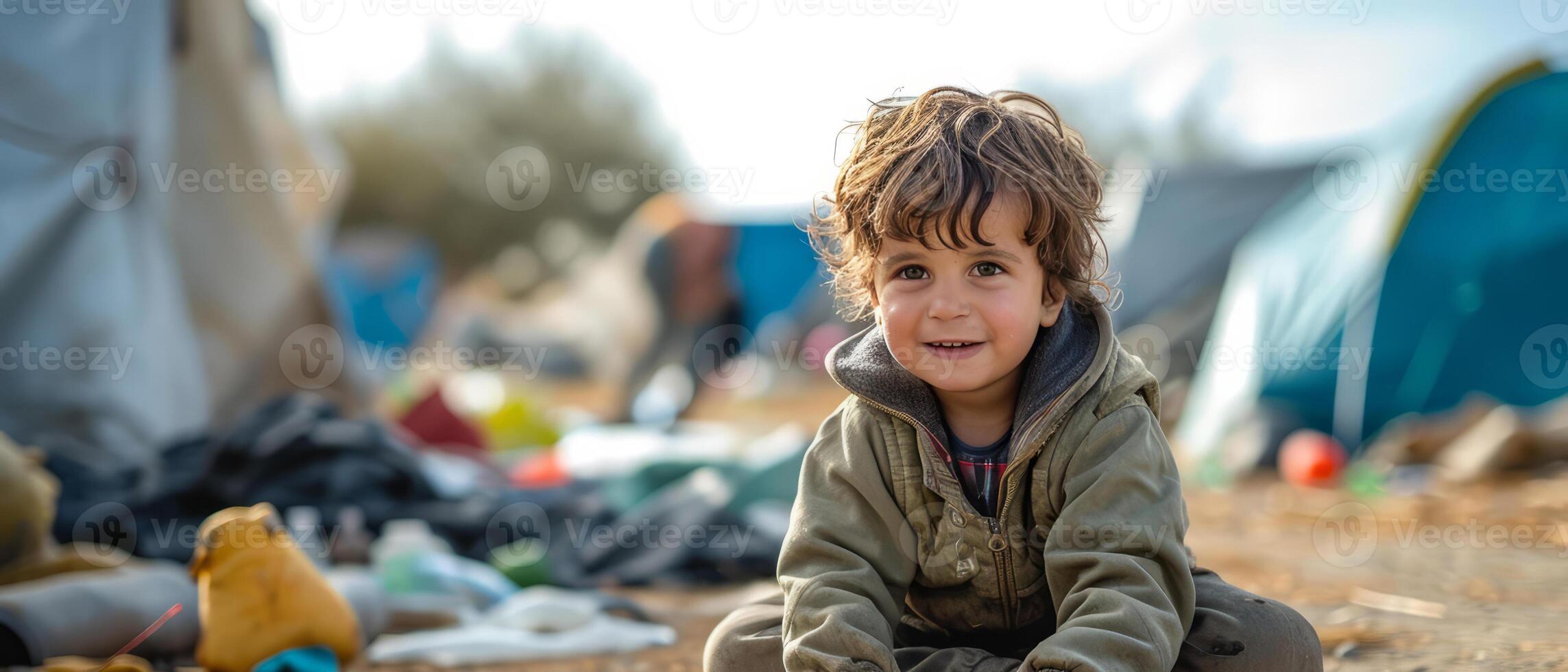 AI generated immigrant child homeless in a camp with tents surrounded by belongings photo