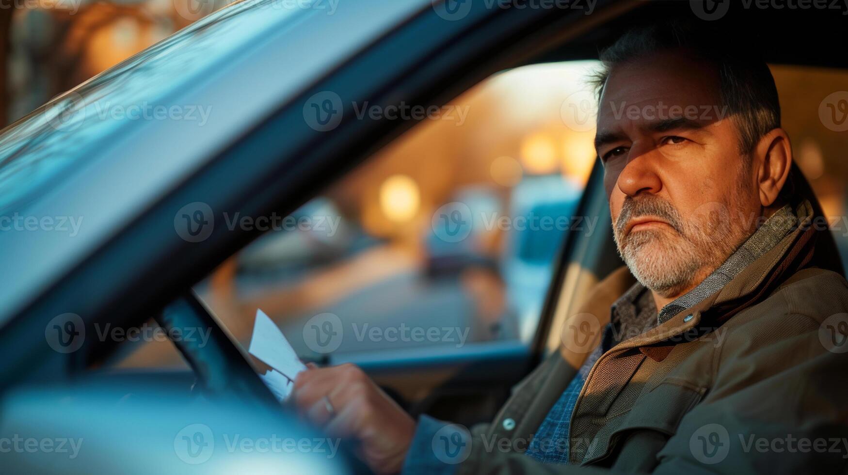 AI generated a middle aged man sitting in his car reading a piece of paper during the evening photo