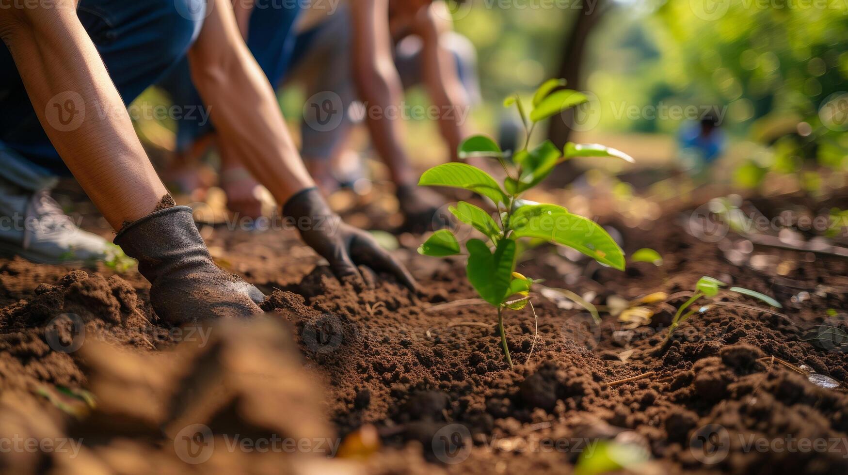 AI generated Global Warming people planting young trees in soil environment activity photo